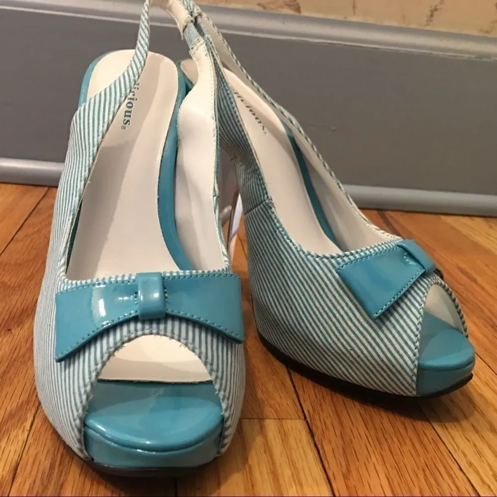 Turquoise white pin stripe slingback peeptoe heels